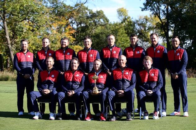 GOLF - Ryder Cup 2016 CHASKA,MINNESOTA,USA,27.SEP.16 - GOLF - Ryder Cup, Hazeltine National Golf Club. Image shows in the 1st row: Dustin Johnson, Phil Mickelson, captain Davis Love III, Matt Kuchar, Brandt Snedeker; 2nd row: Ryan Moore, Zach Johnson, J.B. Holmes, Patrick Reed, Jordan Spieth, Brooks Koepka, Jimmy Walker and Rickie Fowler (USA). GEPAxpictures xDanielxGoetzhaber