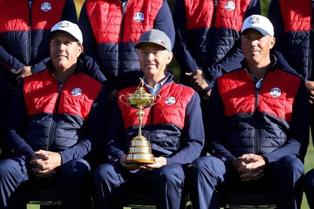 GOLF - Ryder Cup 2016 CHASKA,MINNESOTA,USA,27.SEP.16 - GOLF - Ryder Cup, Hazeltine National Golf Club. Image shows Phil Mickelson, captain Davis Love III annd Matt Kuchar (USA). GEPAxpictures xDanielxGoetzhaber