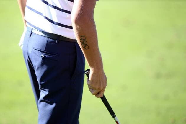 GOLF - Ryder Cup 2016 CHASKA,MINNESOTA,USA,27.SEP.16 - GOLF - Ryder Cup, Hazeltine National Golf Club. Image shows the tattoo of Rickie Fowler (USA). GEPAxpictures xDanielxGoetzhaber