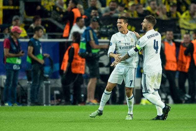 Cristiano Ronaldo (Real Madrid CF 7) und Kapitaen Sergio Ramos (Real Madrid CF 4) beim Torjubel nach dem Treffer zum 1:0 beim Champions League Spiel zwischen Borussia Dortmund und Real Madridl am 27.09.2016, Dortmund Copyright: xSchuelerx xEibnerx-xPressefotox EP_JSE
