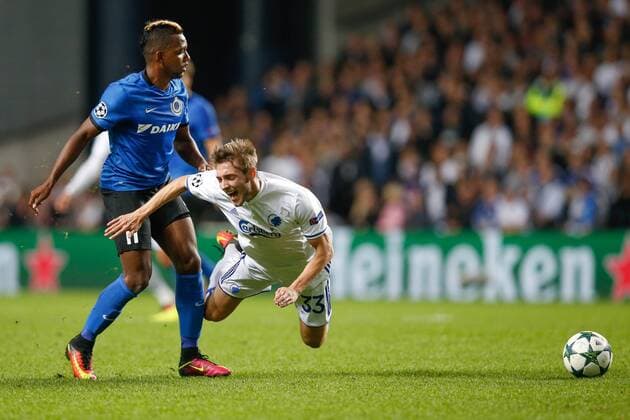 Club s Jose Izquierdo and Kobenhavn s Rasmus Falk fight for the ball during a soccer game between Danish club F.C. Kobenhavn and Belgian team Club Brugge KV in Copenhagen, Denmark, Tuesday 27 September 2016, the second game in the group stage of the UEFA Champions League competition, in group G. BRUNOxFAHY  x04941947x