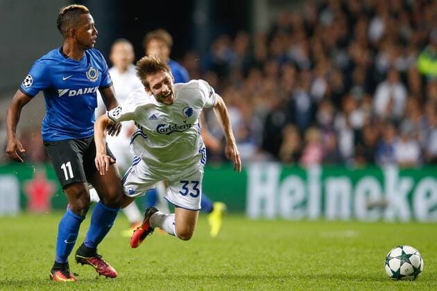 Club s Jose Izquierdo and Kobenhavn s Rasmus Falk fight for the ball during a soccer game between Danish club F.C. Kobenhavn and Belgian team Club Brugge KV in Copenhagen, Denmark, Tuesday 27 September 2016, the second game in the group stage of the UEFA Champions League competition, in group G. BRUNOxFAHY  x04941948x