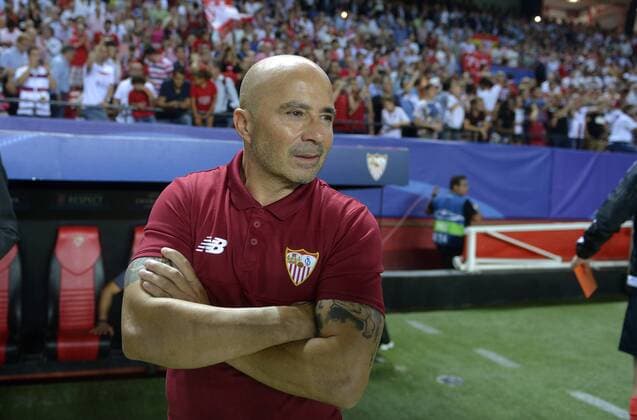 Champions League JORNADA 2, Sevilla FC- OLYMPIQUE DE LYON, ESTADIO RAMON SANCHEZ PIZJUAN. SAMPAOLI  xJUANxGUERRAx xPARTIDOx