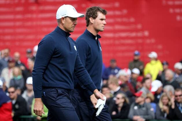 GOLF - Ryder Cup 2016 CHASKA,MINNESOTA,USA,27.SEP.16 - GOLF - Ryder Cup, Hazeltine National Golf Club. Image shows Henrik Stenson (SWE) and Thomas Pieters (BEL). GEPAxpictures xDanielxGoetzhaber