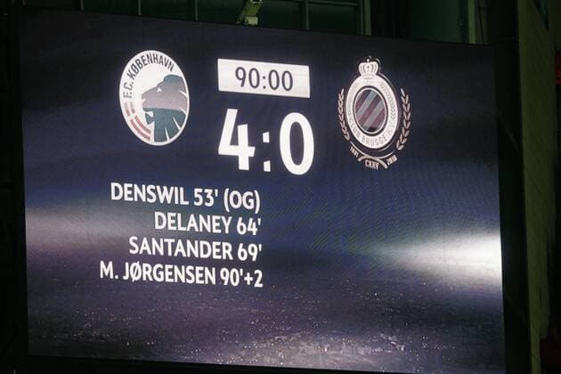 Illustration picture shows the 4-0 final score on the scoreboard after a soccer game between Danish club F.C. Kobenhavn and Belgian team Club Brugge KV in Copenhagen, Denmark, Tuesday 27 September 2016, the second game in the group stage of the UEFA Champions League competition, in group G. BRUNOxFAHY  x04941980x