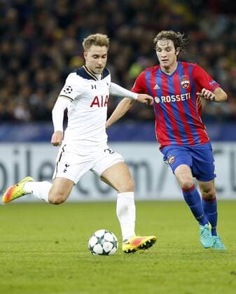 MOSCOW, RUSSIA - SEPTEMBER 27, 2016: Tottenham Hotspur s Christian Eriksen (L) and CSKA Moscow s Mario Fernandes struggle for the ball in their 2016 17 UEFA Champions League Group Stage football match at the Arena CSKA stadium. CSKA Moscow won the game 3:2. Mikhail Japaridze TASS  TS03298A