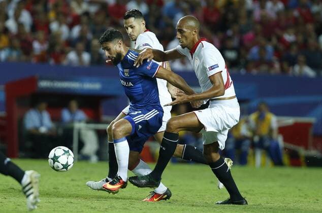 N Zonzi, Fekir, Vitolo. Champions League match between FC Sevilla and Olympique Lyon. In this picture, N Zonzi, Fekir and Vitolo. xRamonxNavarrox 
