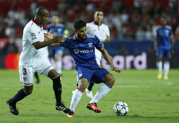 Mariano, Fekir. Champions League match between FC Sevilla and Olympique Lyon. In this picture, Mariano and Fekir. xRamonxNavarrox 