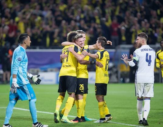 September 27, 2016 - Dortmund, Germany - Pierre-Emerick Aubameyang (Borussia Dortmund), Lukasz Piszczek (Borussia Dortmund), during the UEFA Champions League: First Qualifying Round 1st Leg match between Borussia Dortmund and Real Madrid CF at Signal Iduna Park on September 27, 2016 in Dortmund, Germany. Borussia Dortmund v Real Madrid CF - UEFA Champions League  - ZUMAn230