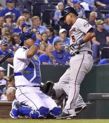 September 27, 2016 - Kansas City, MO, USA - Minnesota Twins second baseman Brian Dozier forces out the Kansas City Royals Paulo Orlando (16) and completes the double play on Alcides Escobar in the third inning on Tuesday, Sept. 27, 2016, Kauffman Stadium in Kansas City, Mo. Minnesota at Kansas City - ZUMAm67_