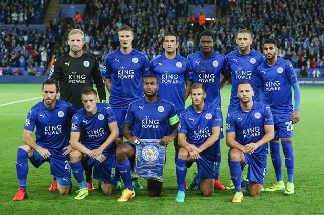 Leicester City team group Mannschaftsbild Totale line-up, SEPTEMBER 27, 2016 - Football Soccer : (Top L-R) Kasper Schmeichel, Robert Huth, Luis Hernandez, Daniel Amartey, Islam Slimani, Riyad Mahrez, (Bottom L-R) Christian Fuchs, Jamie Vardy, Wes Morgan, Marc Albrighton and Daniel Drinkwater of Leicester City during the UEFA Champions League Group Stage match between Leicester City and FC Porto at King Power Stadium in Leicester, England. Noxthirdxpartyxsales (mdga012044)