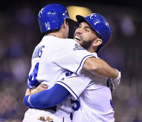 September 27, 2016 - Kansas City, MO, USA - The Kansas City Royals Eric Hosmer, right, hugs Billy Burns after Burns hit a sacrifice fly to score Raul Mondesi with the game-winning run in the 11th inning against the Minnesota Twins on Tuesday, Sept. 27, 2016, Kauffman Stadium in Kansas City, Mo. The Royals won, 4-3. Minnesota at Kansas City - ZUMAm67_