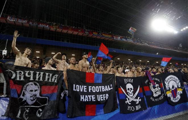 MOSCOW, RUSSIA - SEPTEMBER 27, 2016: CSKA Moscow s fans cheer during the 2016 17 UEFA Champions League Group Stage football match between Tottenham Hotspur and CSKA Moscow at the Arena CSKA stadium. CSKA Moscow won the game 3:2. Mikhail Japaridze TASS  TS032994