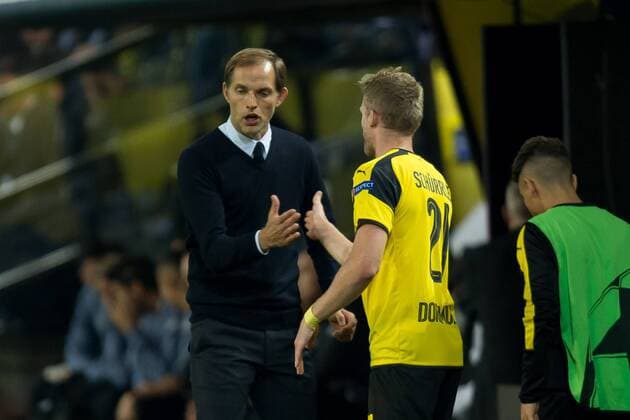 Dortmund, Germany 27.09.2016, UEFA Champions League - 2016 17 Season, Group F - Matchday 2, BV Borussia Dortmund - Real Madrid, 2:2, Trainer Thomas Tuchel (BVB) und Andre Schuerrle (BVB) ( DeFodi001