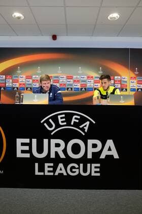 Gent s head coach Hein Vanhaezebrouck and Gent s Rami Gershon pictured during a press conference PK Pressekonferenz of Belgian soccer team KAA Gent, Wednesday 28 September 2016, in Gent. Tomorrow Gent is playing Turkish club Atiker Konyaspor in the second match of the group stage of the Europa League competition. KURTxDESPLENTER  x04942389x