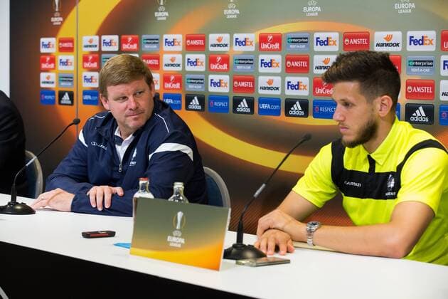 Gent s head coach Hein Vanhaezebrouck and Gent s Rami Gershon pictured during a press conference PK Pressekonferenz of Belgian soccer team KAA Gent, Wednesday 28 September 2016, in Gent. Tomorrow Gent is playing Turkish club Atiker Konyaspor in the second match of the group stage of the Europa League competition. KURTxDESPLENTER  x04942411x