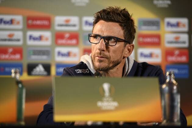 Sassuolo s head coach Italian Eusebio Di Francesco pictured during a press conference PK Pressekonferenz of Italian soccer club US Sassuolo Calcio in Genk, Wednesday 28 September 2016. Tomorrow Sassuolo is playing the second game in the group stage of the Europa League competition against Belgian team KRC Genk. YORICKxJANSENS  x04942837x