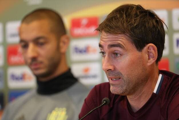 Anderlecht s Sofiane Hanni and Anderlecht s head coach Rene Weiler pictured during a press conference PK Pressekonferenz of Belgian soccer team RSC Anderlecht in Saint-Etienne, France, Wednesday 28 September 2016. Tomorrow Anderlecht is playing the second game in the group stage of the UEFA Europa League competition against French club AS Saint-Etienne. VIRGINIExLEFOUR  x04942919x