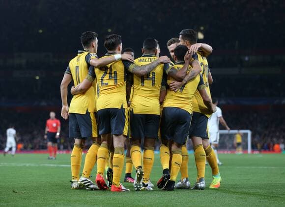 Arsenal s Theo Walcott celebrates scoring his sides opening goal during the Champions League group A match at the Emirates Stadium, London. Picture date September 28th, 2016 Pic David Klein Sportimage EDITORIAL USE ONLY. No use with unauthorised audio, video, data, fixture lists, club league logos or live services. Online in-match use limited to 120 images, no video emulation. No use in betting, games or single club league player publications.