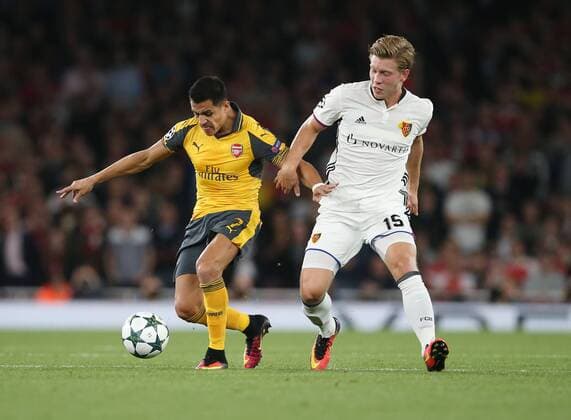 Arsenal s Alexis Sanchez tussles with Basel s Alexander Fransson during the Champions League group A match at the Emirates Stadium, London. Picture date September 28th, 2016 Pic David Klein Sportimage EDITORIAL USE ONLY. No use with unauthorised audio, video, data, fixture lists, club league logos or live services. Online in-match use limited to 120 images, no video emulation. No use in betting, games or single club league player publications.