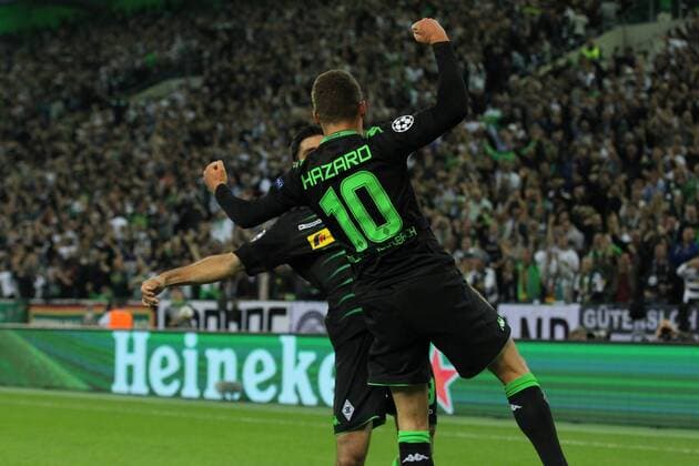 Torjubel ueber das Tor zum 1:0 durch Thorgan Hazard ( 10, Borussia Moenchengladbach) mit Lars Stindl ( 13, Borussia Moenchengladbach), Borussia Moenchengladbach vs FC Barcelona Barca UEFA Champions League, Qualifikation, 28.09.2016, Moenchengladbach Copyright: xDeutzmannx xEibner-Pressefotox EP_cdn