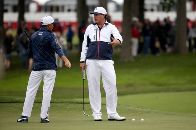 GOLF - Ryder Cup 2016 CHASKA,MINNESOTA,USA,28.SEP.16 - GOLF - Ryder Cup, Hazeltine National Golf Club. Image shows Rickie Fowler and Phil Mickelson (USA). GEPAxpictures xDanielxGoetzhaber