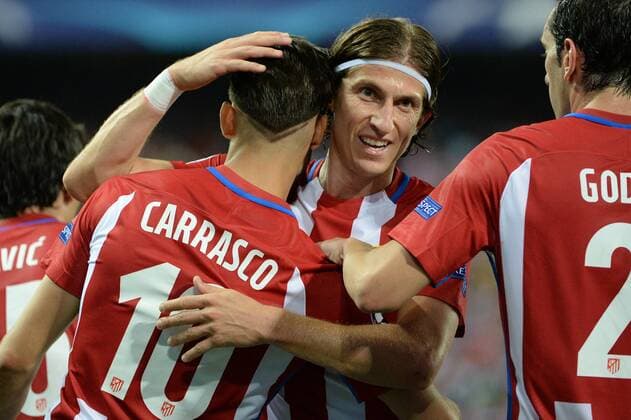MADRID,SPAIN: Carrasco, 10 of Atletico de Madrid and Filipe Luis, 3 of Atletico de Madrid celebrates after scoring his team s first goal during the UEFA Champions League Group D match between Atletico de Madrid and Bayern Munchen at Estadio Vicente Calderon on 28 09 2016, in MADRID, SPAIN. Photo by Sonia Canada Cordon Press  xSoniaxCanadax xx