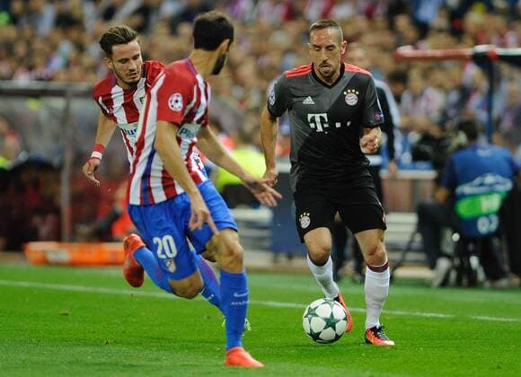 Bayern de Munich Midfielder, Franck Ribery, number 7 . Atletico de Madrid Midfielder, Saul Niguez Esclapez, number 8. Atletico de Madrid Defender, Juan Francisco Torres Belen, number 20. Round Matchday 2 of the CHAMPIONS league, soccer match between Atletico de Madrid - Bayern de Munich at the Vicente Calderon estadium, Madrid - Spain by September 28, 2016. PHOTO: Gregorio Lopez.  xGregorioxLopezx x SOCCERxSPAINx