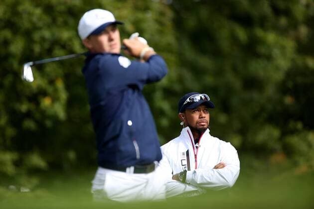 GOLF - Ryder Cup 2016 CHASKA,MINNESOTA,USA,28.SEP.16 - GOLF - Ryder Cup, Hazeltine National Golf Club. Image shows Jordan Spieth and vice-captain Tiger Woods (USA). GEPAxpictures xDanielxGoetzhaber