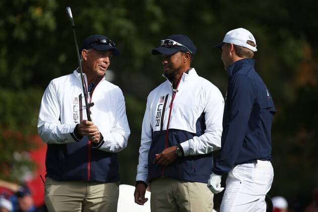 GOLF - Ryder Cup 2016 CHASKA,MINNESOTA,USA,28.SEP.16 - GOLF - Ryder Cup, Hazeltine National Golf Club. Image shows vice-captain Tom Lehman, vice-captain Tiger Woods and Jordan Spieth (USA). GEPAxpictures xDanielxGoetzhaber