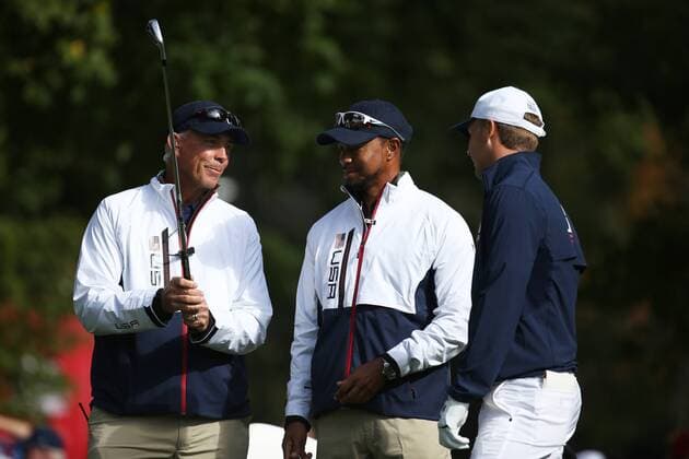 GOLF - Ryder Cup 2016 CHASKA,MINNESOTA,USA,28.SEP.16 - GOLF - Ryder Cup, Hazeltine National Golf Club. Image shows vice-captain Tom Lehman, vice-captain Tiger Woods and Jordan Spieth (USA). GEPAxpictures xDanielxGoetzhaber