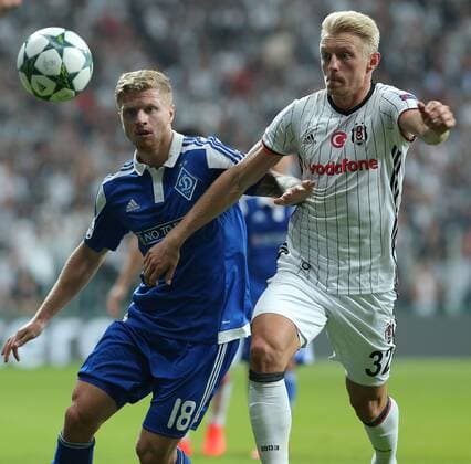 UEFA Champions League Group B match between Besiktas and Dynamo Kiev at Vodafone Arena in Istanbul , Turkey , 28 September 2016. Pictured : Andreas Beck (R) of Besiktas and Nikita Korzun (L) of Dynamo Kiev. 