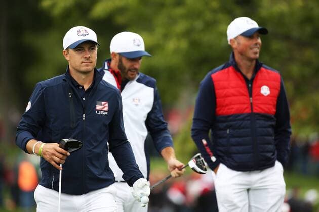 GOLF - Ryder Cup 2016 CHASKA,MINNESOTA,USA,28.SEP.16 - GOLF - Ryder Cup, Hazeltine National Golf Club. Image shows Jordan Spieth, Dustin Johnson and Matt Kuchar (USA). GEPAxpictures xDanielxGoetzhaber