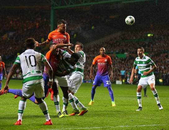 Nicolas Otamendi of Manchester City directs a header towards goal during the Champions League Group C match at the Celtic Park Stadium, Glasgow. Picture date: September 28th, 2016. Pic Simon Bellis Sportimage EDITORIAL USE ONLY. No use with unauthorised audio, video, data, fixture lists, club league logos or live services. Online in-match use limited to 120 images, no video emulation. No use in betting, games or single club league player publications.