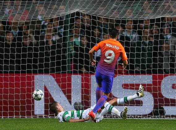 Nolito of Manchester City scoring their third equalising goal during the Champions League Group C match at the Celtic Park Stadium, Glasgow. Picture date: September 28th, 2016. Pic Simon Bellis Sportimage EDITORIAL USE ONLY. No use with unauthorised audio, video, data, fixture lists, club league logos or live services. Online in-match use limited to 120 images, no video emulation. No use in betting, games or single club league player publications.