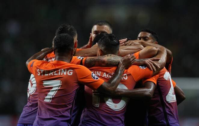 Football - 2016 2017 Champions League - Group C: Celtic vs Manchester City at Celtic Park Fernandinho of Manchester City is mobbed by team mates after scoring. COLORSPORT LYNNE CAMERON 
