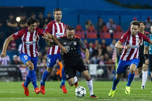 Atletico de Madrid s Stefan Savic Bayern Munich s Franck Ribery during the match of Group stage of Champions League Atletico de Madrid and Bayern Munich at Vicente Calderon Stadium in Madrid. September 28, 2016.  (20160928039)