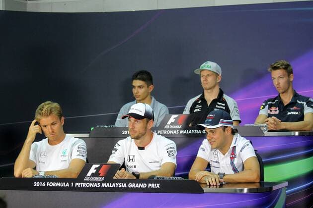 Malaysian Grand Prix, Sepang 29 September - 2 October 2016 29.09.2016 - press conference PK Pressekonferenz (L-R) Esteban Ocon (FRA) Manor Racing MRT05, Nico Hulkenberg (GER) Sahara Force India F1 VJM09, Daniil Kvyat (RUS) Scuderia Toro Rosso STR11, Nico Rosberg (GER) Mercedes AMG F1 W07 Hybrid, Jenson Button (GBR) McLaren Honda MP4-31 and Felipe Massa (BRA) Williams FW38 