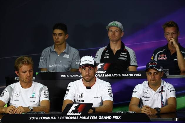 Malaysian Grand Prix, Sepang 29 September - 2 October 2016 29.09.2016 - press conference PK Pressekonferenz (L-R) Esteban Ocon (FRA) Manor Racing MRT05, Nico Hulkenberg (GER) Sahara Force India F1 VJM09, Daniil Kvyat (RUS) Scuderia Toro Rosso STR11, Nico Rosberg (GER) Mercedes AMG F1 W07 Hybrid, Jenson Button (GBR) McLaren Honda MP4-31 and Felipe Massa (BRA) Williams FW38 