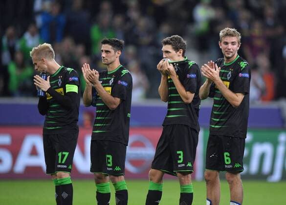 28.09.2016, Fussball UEFA Champions League 2016 17, Vorrunde, 2. Spieltag, Borussia Moenchengladbach - FC Barcelona Barca 1:2, v.re., Christoph Kramer (Borussia Moenchengladbach), Andreas Christensen (Borussia Moenchengladbach), Lars Stindl (Borussia Moenchengladbach), Oscar Wendt (Borussia Moenchengladbach)