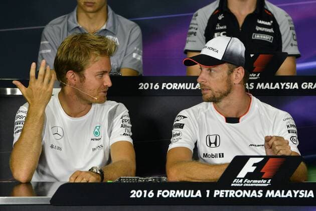 (160929) -- SEPANG, Sept. 29, 2016 -- Mercedes driver Nico Rosberg (L) of Germany and McLaren driver Jenson Button of Britain speak during press conference PK Pressekonferenz before the Malaysian Formula One Grand Prix at the Sepang International Circuit in Sepang, Malaysia, Thursday, Sept. 29, 2016.) (SP)MALAYSIA-SEPANG-F1-PRESS CONFERENCE ChongxVoonxChung 