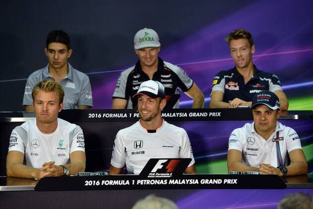 (160929) -- SEPANG, Sept. 29, 2016 -- From bottom left, Mercedes driver Nico Rosberg of Germany, McLaren driver Jenson Button of Britain and Williams driver Felipe Massa of Brazil listens to questions during press conference PK Pressekonferenz before the Malaysian Formula One Grand Prix at the Sepang International Circuit in Sepang, Malaysia, Thursday, Sept. 29, 2016.) (SP)MALAYSIA-SEPANG-F1-PRESS CONFERENCE ChongxVoonxChung 