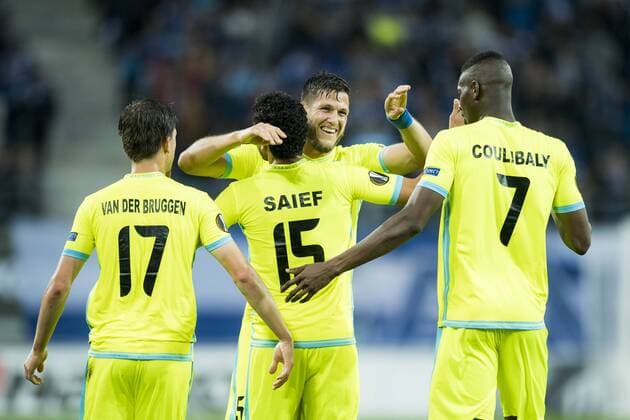 Gent s Hannes Van der Bruggen, Gent s Renato Neto, Gent s Rami Gershon and Gent s Kalifa Coulibaly celebrate after scoring during a game on the second day of the group stage (group H) of the Europa League competition between Belgian club KAA Gent and Turkish club Atiker Konyaspor, Thursday 29 September 2016, in Gent. JASPERxJACOBS  x04943688x