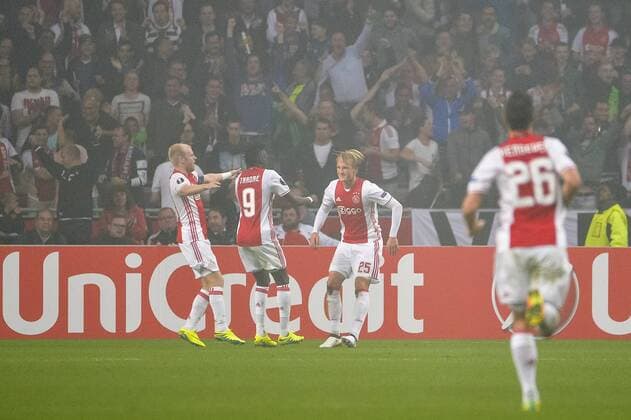 Ajax s players celebrate after scoring during a game of the second day of the group stage of the Europa League competition between Dutch soccer team Ajax Amsterdam and Belgian club Standard de Liege, in Amsterdam, The Netherlands, Thursday 29 September 2016. NICOLASxLAMBERT  x04943723x