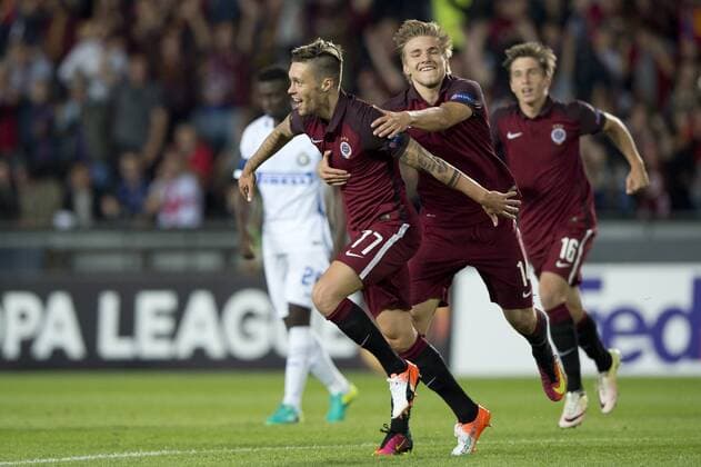 Vaclav Kadlec of Sparta (17) celebrates a goal, Michal Sacek (16) and Martin Frydek (centre) of Sparta during the European Football League second round group K match, Sparta Praha vs Inter Milan in Prague, Czech Republic, September 29, 2016. (CTKxPhoto MichalxKamaryt) CTKPhotoP201609290953301  kmt 2