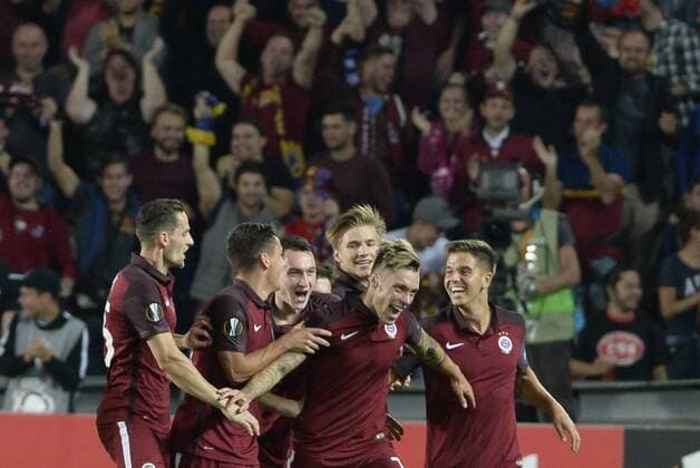 Vaclav Kadlec of Sparta (second from right) celebrates a goal during the European Football League second round group K match, Sparta Praha vs Inter Milan in Prague, Czech Republic, September 29, 2016. (CTKxPhoto MichalxKrumphanzl) CTKPhotoP201609290953401  _KRU9301