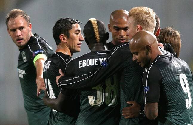 KRASNODAR, RUSSIA - SEPTEMBER 29, 2016: FC Krasnodar s Odil Akhmedov, Kouassi Eboue, and Ari (L-R front) in the 2016 17 UEFA Europe League Group I Round 2 football match against OGC Nice at the Kuban Stadium. Vitaly Timkiv TASS  TS032CBD