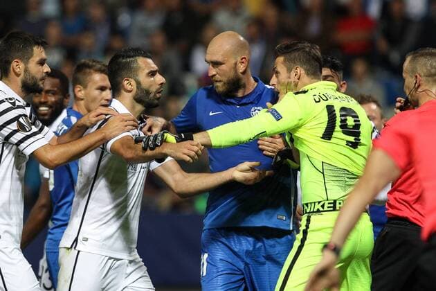 Martin Latka (centre) of Liberec and goalkeeper of Liberec Martin Dubravka (right) during the European Football League second round, group J match FC Slovan Liberec vs PAOK FC Thessaloniki in Liberec, Czech Republic, September 29, 2016. (CTKxPhoto VitxCerny) CTKPhotoP201609291008401  CEV 17
