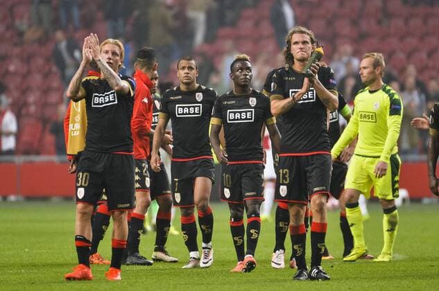 Standard s Jonathan Legear, Standard s Matthieu Dossevi, Standard s Jean-Luc Dompe and Standard s Alexander Scholz pictured after a game of the second day of the group stage of the Europa League competition between Dutch soccer team Ajax Amsterdam and Belgian club Standard de Liege, in Amsterdam, The Netherlands, Thursday 29 September 2016. NICOLASxLAMBERT  x04943845x