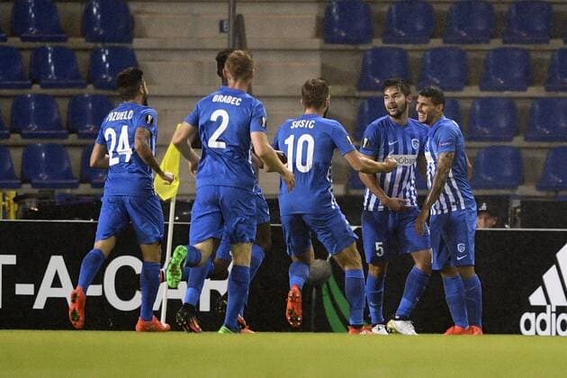 Genk s Nikolaos Karelis (R) celebrates with his teammates after scoring during a training session of Italian soccer club US Sassuolo Calcio in Genk, Wednesday 28 September 2016. Tomorrow Sassuolo is playing the second game in the group stage of the Europa League competition against Belgian team KRC Genk. YORICKxJANSENS  x04943852x